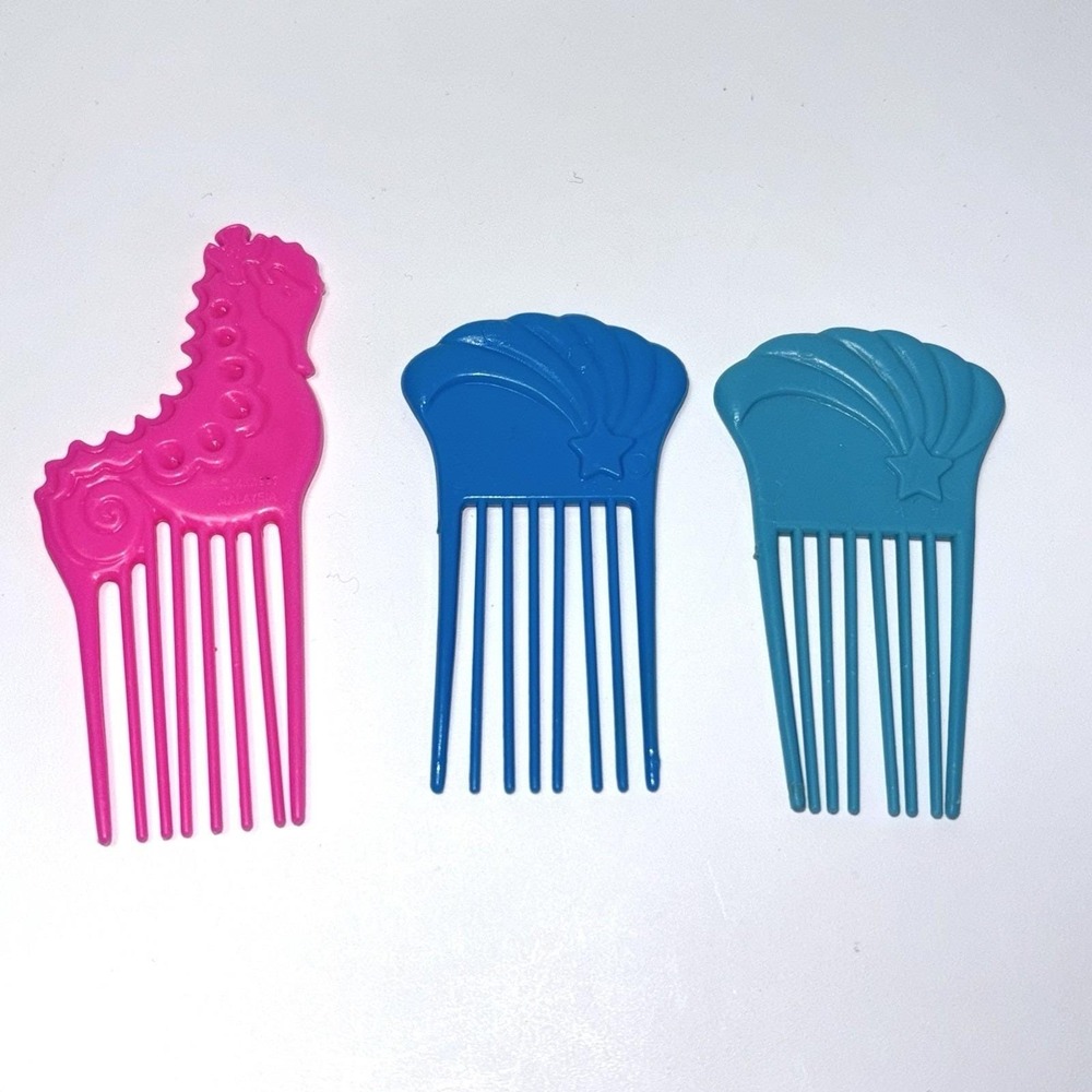 Barbie Doll Vintage Comb Pick Totally Hair Set Of 3 Star Seahorse Pink Blue Teal